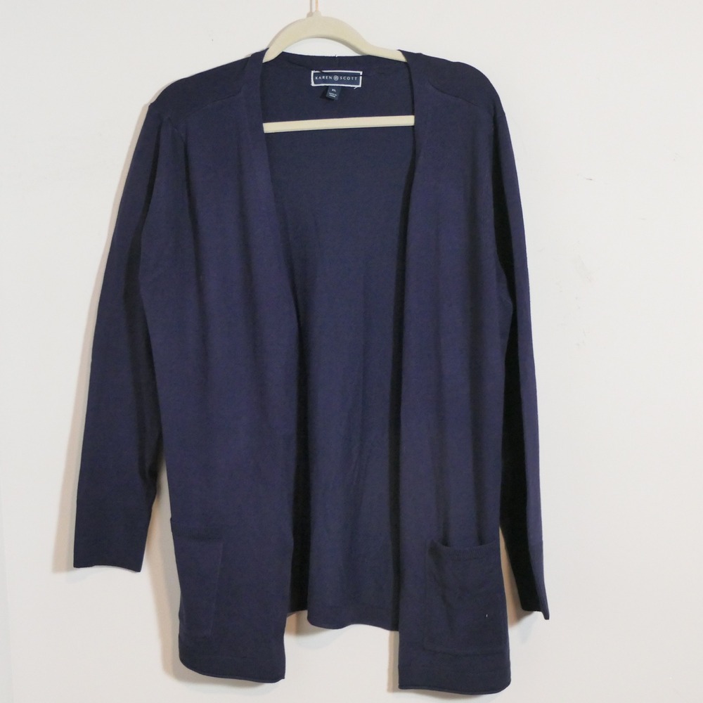Karen Scott Womens Cardigan XL Navy Open Front Cottagecore Rural Layering Soft